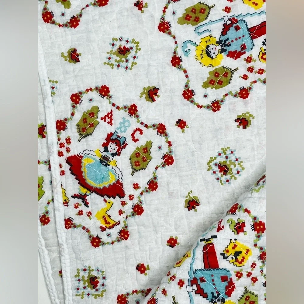 VTG 70s Quilted Crib Baby Blanket Alphabet Numbers Nursery 66 X 58 Large Quilt